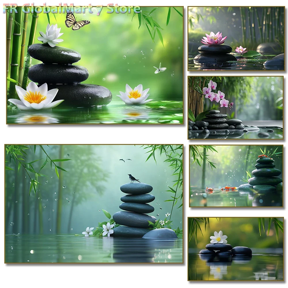 Resin Art Wallpaper - ภาพเพชรไร้กรอบ 1 ชิ้น ลายหินเซนและดอกบัวขาว ภาพเพชร โปสเตอร์ลายไม้ไผ่และผีเสื้อ