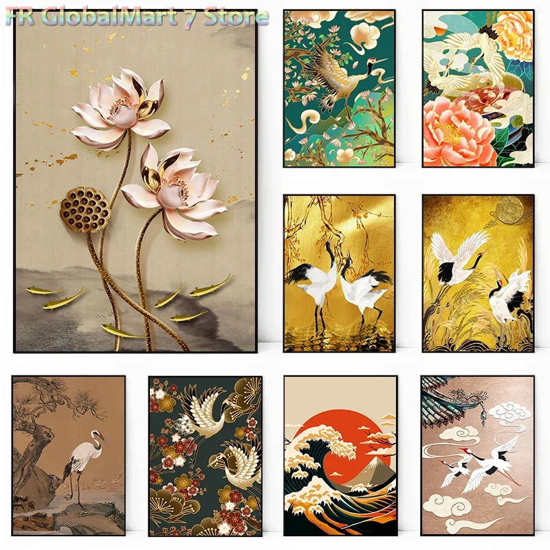 Resin Art Wallpaper - ภาพพิมพ์ติดผนังนกกระเรียนสไตล์เรโทร ภาพวาดเพชร โปสเตอร์ทิวทัศน์ญี่ปุ่น ภาพติดผนังแนวชายฝั่ง ของตกแต่งบ้าน ห้องนั่งเล่น