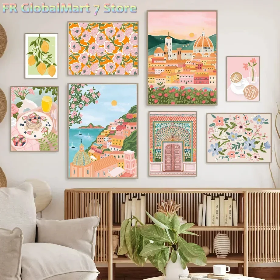 Resin Art Wallpaper - ภาพเพชร 1 ชิ้น ลายซานโตรินี กาแฟเลมอน ดอกไม้