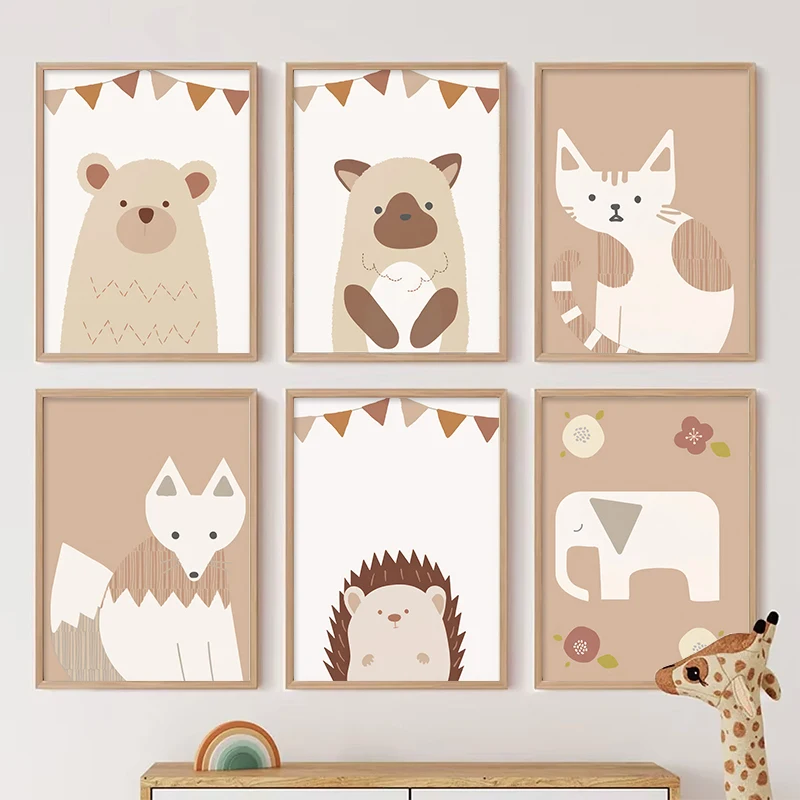 Resin Art Alphabet - ภาพติดผนังลายสัตว์การ์ตูนสีแอปริคอต ลายสุนัขจิ้งจอก ช้าง เม่น แมว ภาพเพชรสไตล์สแกนดิเนเวียน