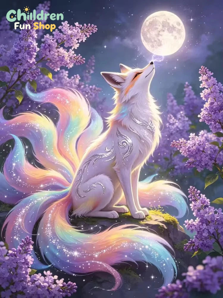 Resin Art Wallpaper - ภาพเพชรประดับลายจิ้งจอกเก้าหางเรืองแสงสีรุ้ง ดอกลาเวนเดอร์ และพระจันทร์เต็มดวง สำหรับตกแต่งผนังห้องนั่งเล่นและห้องนอน งานฝีมือทำมือ DIY