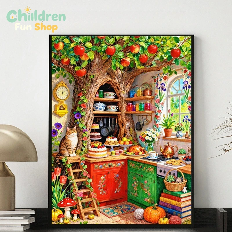 Resin Art Wallpaper - ครัวในตัวต้นไม้แสนน่ารัก พร้อมแมวและงานเลี้ยง ศิลปะโมเสกเพชร DIY งานฝีมือเพชร DIY